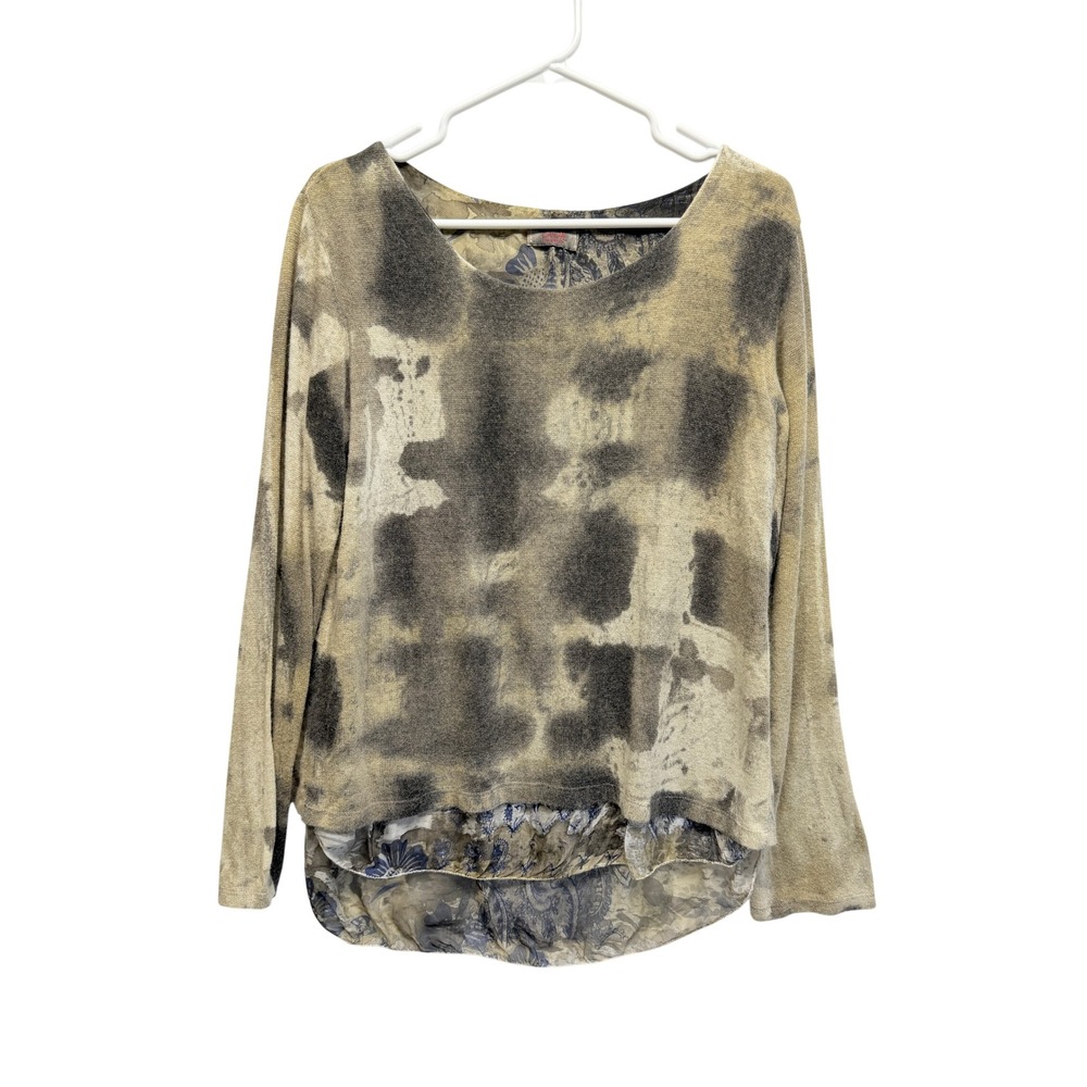 Scandal Sweater Layered‎ Mixed Media Paisley Bow Back Tan Gray Women Silk Blend